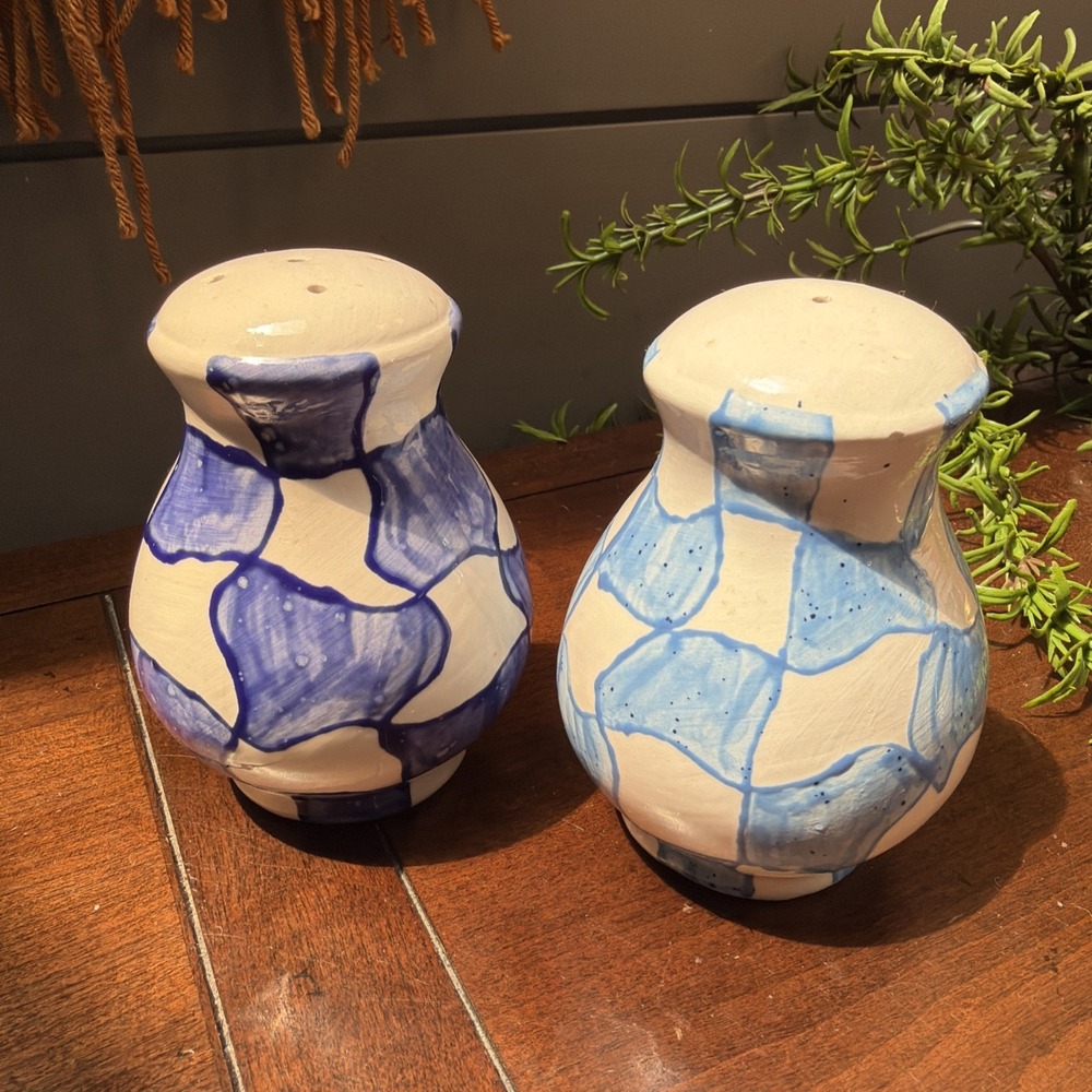 Blue White Checked Ceramic Salt & Pepper Shakers Set, Round Glossy Pottery